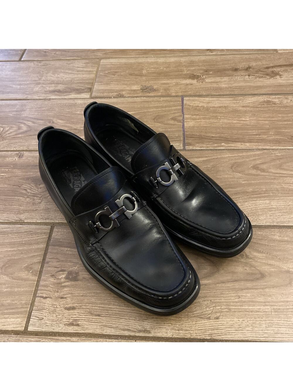 Salvatore Ferragamo Mens Black Leather Loafer Shoes Moccasin Size 10 D
